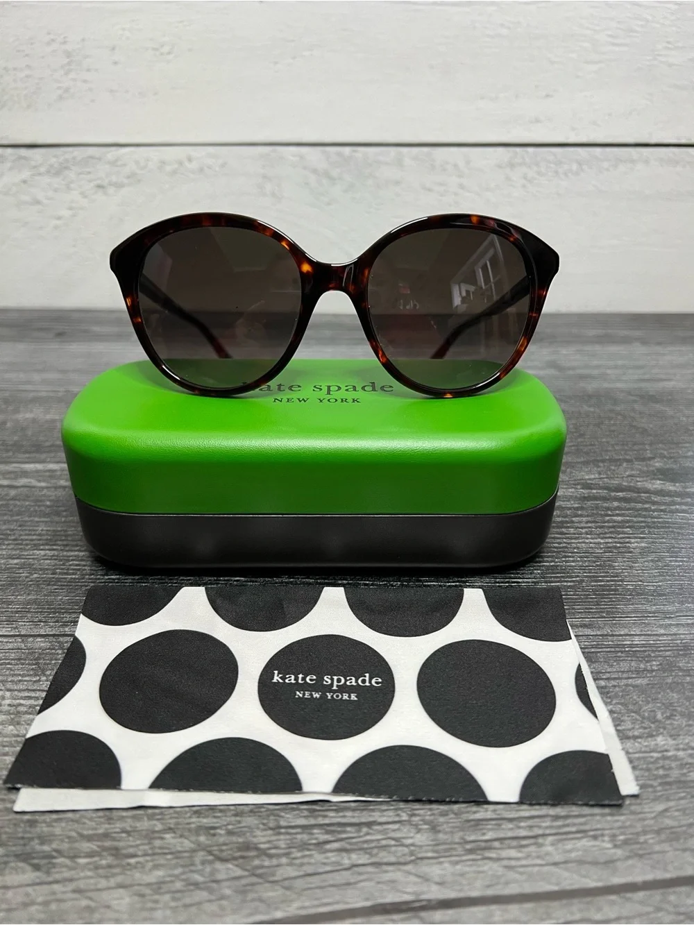 kate spade Tortoiseshell Sunglasses with Lime Green Case